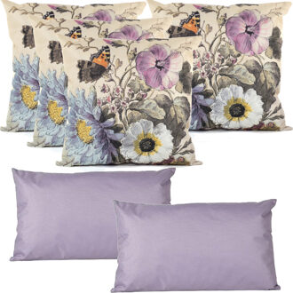 Anna's Collection Bank/tuin kussens set - binnen/buiten - 6x stuks - wit/lila - In 2 formaten laag/hoog