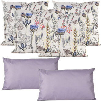 Anna's Collection Bank/tuin kussens set - binnen/buiten - 6x stuks - wit/lila - In 2 formaten laag/hoog