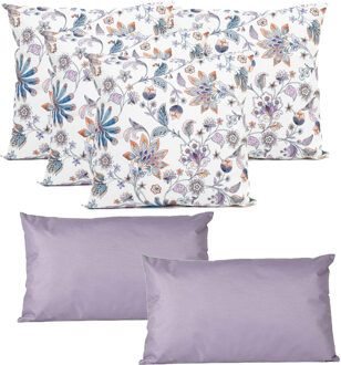 Anna's Collection Bank/tuin kussens set - binnen/buiten - 6x stuks - wit/lila - In 2 formaten laag/hoog