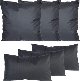 Anna's Collection Bank/tuin kussens set - binnen/buiten - 6x stuks - zwart - In 2 formaten laag/hoog