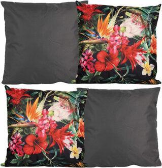 Anna's Collection Bank/tuin kussens set - voor binnen/buiten - 4x stuks - antraciet/tropical print - 45 x 45 cm - Sierkussens Grijs