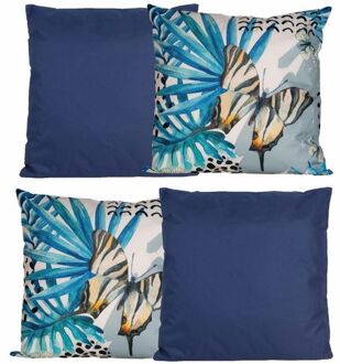 Anna's Collection Bank/tuin kussens set - voor binnen/buiten - 4x stuks - donkerblauw/tropical print - 45 x 45 cm - Sierkussens