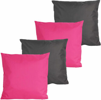 Anna's Collection Bank/Tuin kussens set - voor binnen/buiten - 4x stuks - fuchsia roze/antraciet grijs - 45 x 45 cm