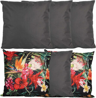 Anna's Collection Bank/tuin kussens set - voor binnen/buiten - 6x stuks - antraciet/tropical print - 45 x 45 cm - Sierkussens Grijs