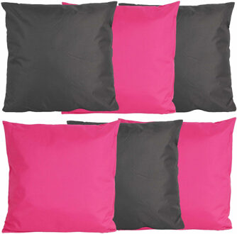Anna's Collection Bank/tuin kussens set - voor binnen/buiten - 6x stuks - fuchsia roze/antraciet grijs - 45 x 45 cm
