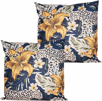 Anna's Collection Buitenkussen bloem - 2x - blauw/geel - 45 x 45 cm - Water en UV bestendig