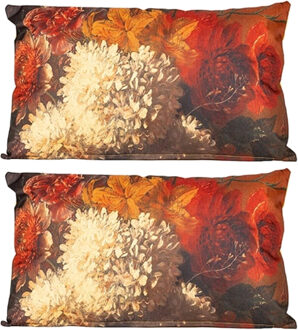 Anna's Collection Buitenkussen bloem - 2x - Bruin/creme - 30 x 50 cm - Water en UV bestendig
