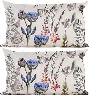 Anna's Collection Buitenkussen bloem - 2x - Creme/paars - 30 x 50 cm - Water en UV bestendig