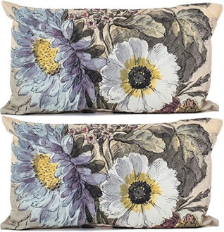 Anna's Collection Buitenkussen bloem - 2x - Creme/wit - 30 x 50 cm - Water en UV bestendig
