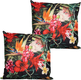 Anna's Collection Buitenkussen bloem - 2x - rood/zwart - 60 x 60 cm - Water en UV bestendig
