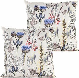 Anna's Collection Buitenkussen bloem - 2x - wit/paars - 45 x 45 cm - Water en UV bestendig