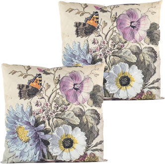 Anna's Collection Buitenkussen bloem - 2x - wit/paars - 60 x 60 cm - Water en UV bestendig