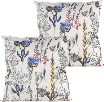 Anna's Collection Buitenkussen bloem - 2x - wit/paars - 60 x 60 cm - Water en UV bestendig