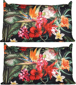 Anna's collection buitenkussen bloem - 2x - zwart/rood - 30 x 50 cm - Sierkussens