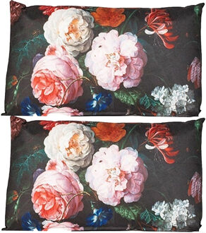Anna's Collection Buitenkussen bloem - 2x - Zwart/roze - 30 x 50 cm - Water en UV bestendig