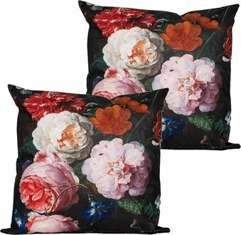 Anna's Collection Buitenkussen bloem - 2x - zwart/roze - 45 x 45 cm - Water en UV bestendig