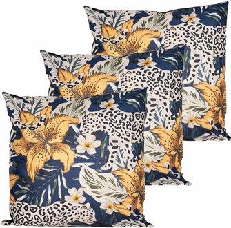 Anna's Collection Buitenkussen bloem - 3x - blauw/geel - 45 x 45 cm - Water en UV bestendig
