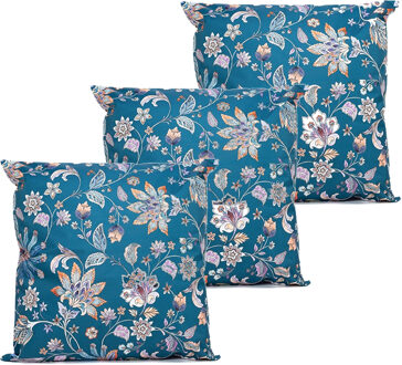 Anna's Collection Buitenkussen bloem - 3x - blauw/paars - 60 x 60 cm - Water en UV bestendig