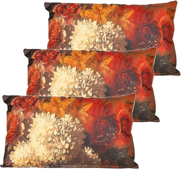 Anna's Collection Buitenkussen bloem - 3x - Bruin/creme - 30 x 50 cm - Water en UV bestendig