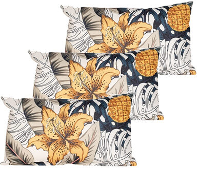 Anna's Collection Buitenkussen bloem - 3x - geel - 30 x 50 x 10 cm - Water en UV bestendig