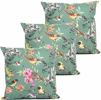 Anna's Collection Buitenkussen bloem - 3x - groen - 45 x 45 cm - Water en UV bestendig