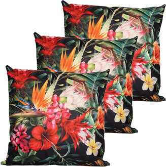 Anna's Collection Buitenkussen bloem - 3x - rood/zwart - 60 x 60 cm - Water en UV bestendig