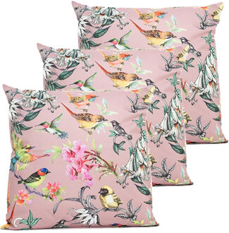 Anna's Collection Buitenkussen bloem - 3x - roze - 60 x 60 cm - Water en UV bestendig