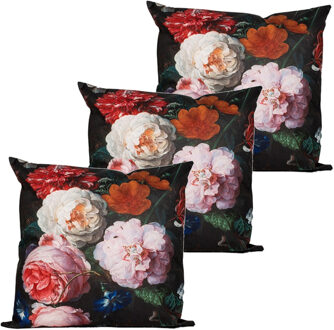 Anna's Collection Buitenkussen bloem - 3x - roze/zwart - 60 x 60 cm - Water en UV bestendig