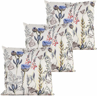 Anna's Collection Buitenkussen bloem - 3x - wit/paars - 45 x 45 cm - Water en UV bestendig