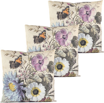 Anna's Collection Buitenkussen bloem - 3x - wit/paars - 60 x 60 cm - Water en UV bestendig