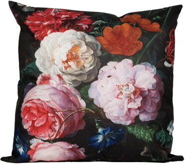 Anna's Collection buitenkussen bloem - roze|zwart - 60 x 60 cm