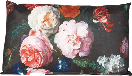 Anna's Collection Buitenkussen bloem - Zwart/roze - 30 x 50 cm - Water en UV bestendig