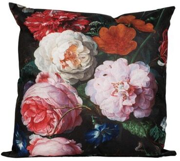 Anna's Collection buitenkussen bloem - zwart/roze - 45 x 45 cm - Sierkussens