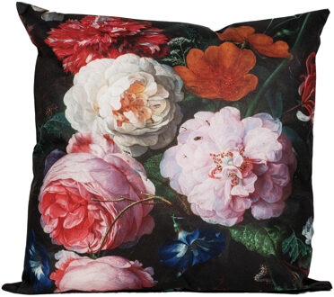 Anna's Collection Buitenkussen bloem - zwart/roze - 45 x 45 cm - Water en UV bestendig