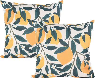 Anna's Collection Buitenkussen citroenen - 2x - geel/groen - 45 x 45 cm - Water en UV bestendig - kussentje voor buite