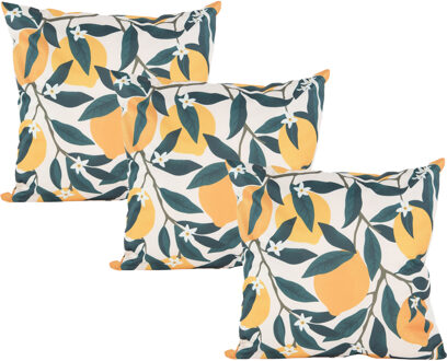 Anna's Collection Buitenkussen citroenen - 3x - geel/groen - 45 x 45 cm - Water en UV bestendig - kussentje voor buite