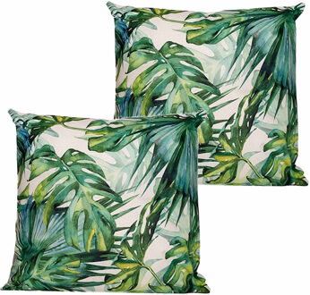 Anna's collection buitenkussen monstera - 2x - wit/groen - 60 x 60 cm - Sierkussens