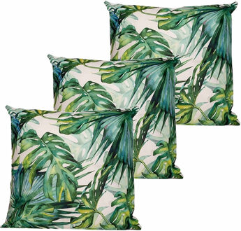 Anna's Collection Buitenkussen monstera - 3x - wit/groen - 60 x 60 cm - Water en UV bestendig