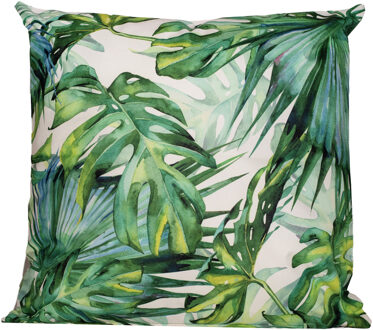 Anna's Collection buitenkussen monstera - wit|groen - 60 x 60 cm