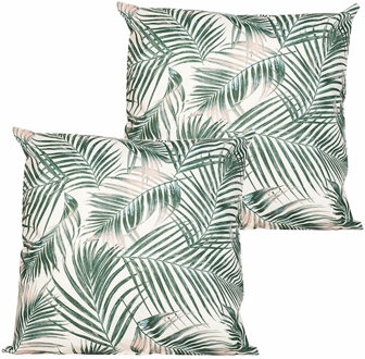 Anna's Collection Buitenkussen palm - 2x - wit/groen - 60 x 60 cm - Water en UV bestendig