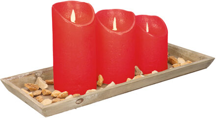 Anna's Collection Dienblad van hout met 3 LED kaarsen in de kleur rood 39 x 15 cm - LED kaarsen