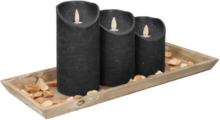 Anna's Collection Dienblad van hout met 3 LED kaarsen in de kleur zwart 39 x 15 cm
