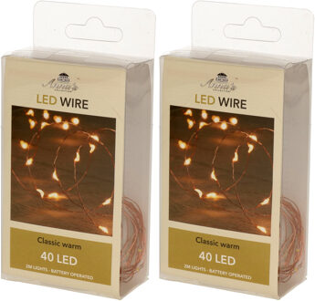 Anna's Collection Draadverlichting - 2x - lichtsnoer - koper - 40 led lampjes - warm wit - 200 cm - batterij