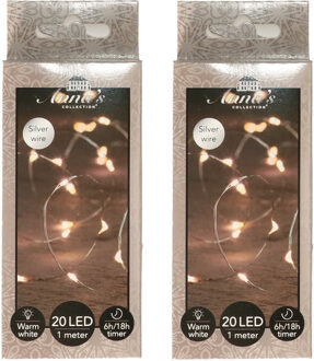 Anna's Collection Draadverlichting lichtsnoer - 2x - 20 led lampjes - warm wit - zilver draad - 100 cm - lichtdraad
