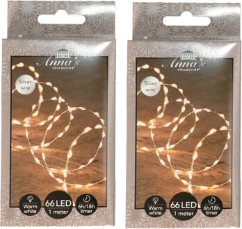 Anna's Collection Draadverlichting lichtsnoer - 2x - 66 led lampjes - warm wit - zilver draad - 100 cm - lichtdraad
