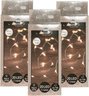 Anna's Collection Draadverlichting lichtsnoer - 3x - 20 led lampjes - warm wit - zilver draad - 100 cm - lichtdraad