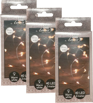 Anna's Collection Draadverlichting lichtsnoer - 3x - 40 led lampjes - warm wit - zilver draad - 200 cm - lichtdraad