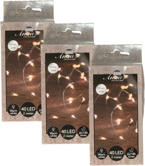 Anna's Collection Draadverlichting lichtsnoer - 3x - 40 led lampjes - warm wit - zilver draad - 200 cm - lichtdraad