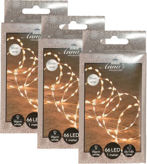 Anna's Collection Draadverlichting lichtsnoer - 3x - 66 led lampjes - warm wit - zilver draad - 100 cm - lichtdraad