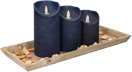 Anna's Collection Houten dienblad met 3 LED kaarsen in de kleur donkerblauw 39 x 15 cm - LED kaarsen